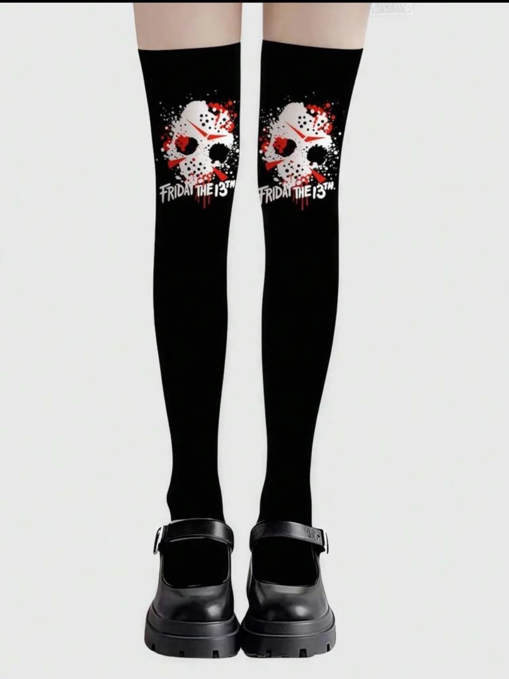 Friday the 13th Black Graphic Thigh-High Socks